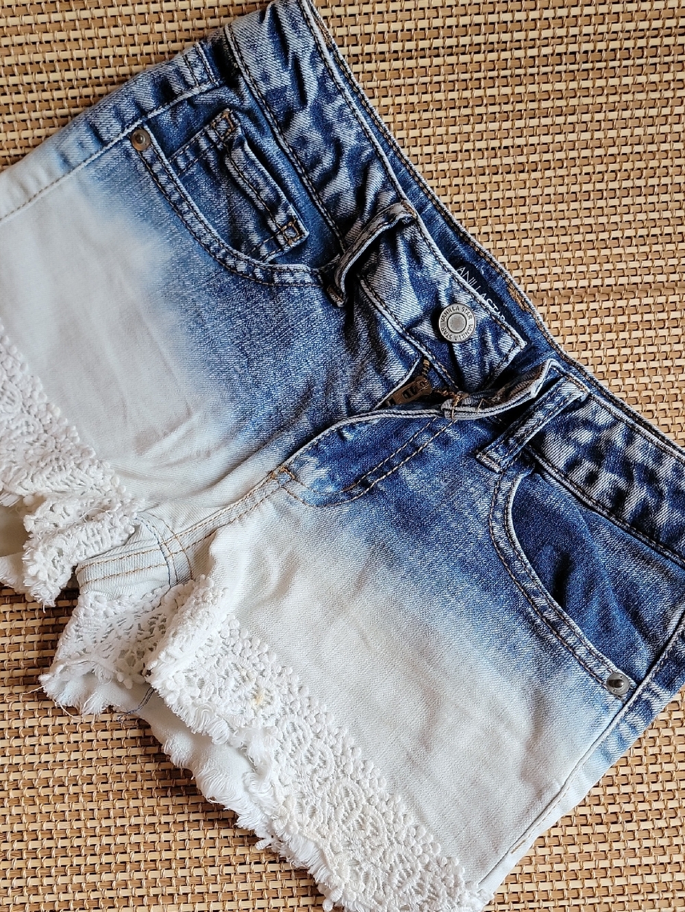 Vanilla Star Kids Blue Ombre Denim Shorts with White Lace Trim